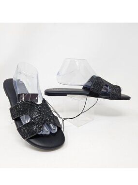 NWT Torrid Size 11 W Black Rhinestone Flat Slides Slip On Sandals Womens